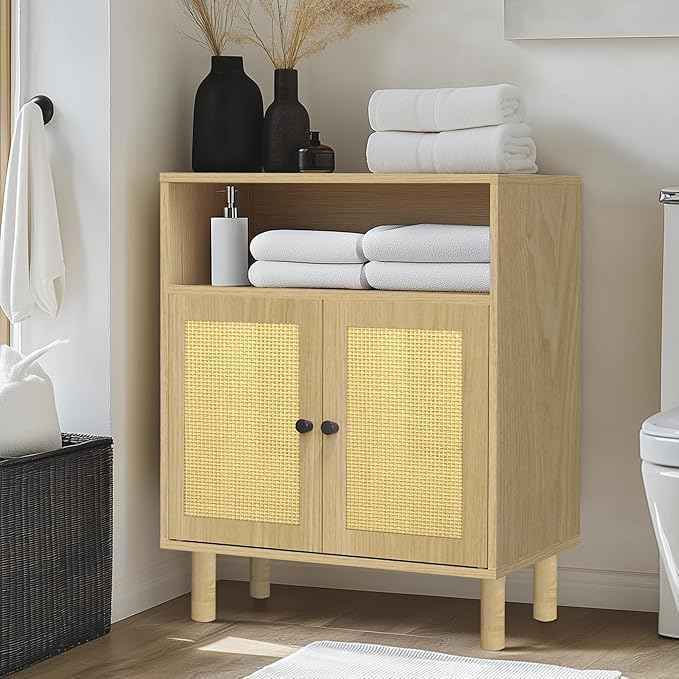 Rattan Storage Cabinet, Boho Accent Cabinet with Double Doors, Small Freestanding Sideboard for Hallway, Laundry Room,Kitchen, Dining Room, Entryway (Oak)