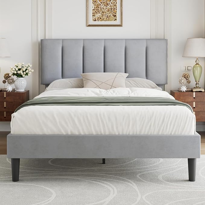 VECELO Queen Size Bed Frame with Upholstered Headboard, Heavy-Duty Bedframe with Strong Wooden Slats Support, No Boxing Spring Needed, Light Grey