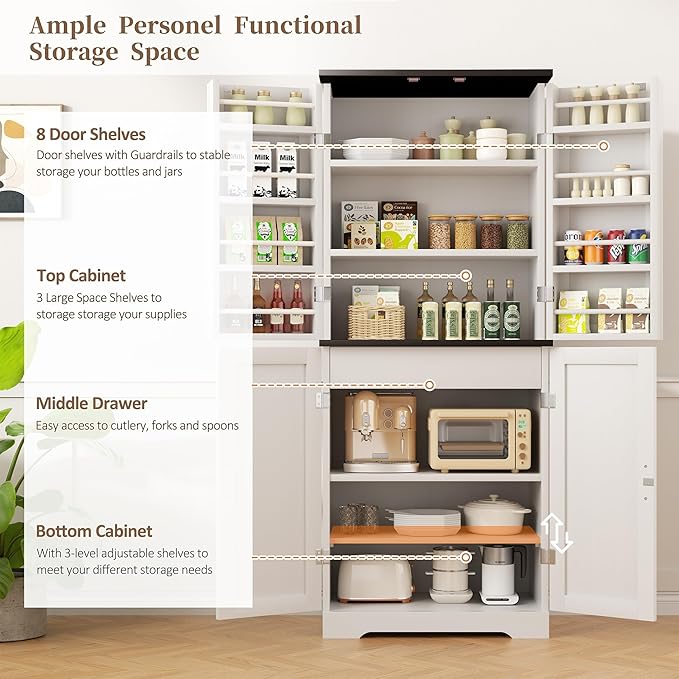 Shintenchi Kitchen Pantry Cabinet, Freestanding Farmhouse Storage Cabinet with 8 Door Shelves, 2 Cabinets and 1 Drawer, Tall Cupboard for Kitchen, Living Room, Dining Room and Bathroom, White
