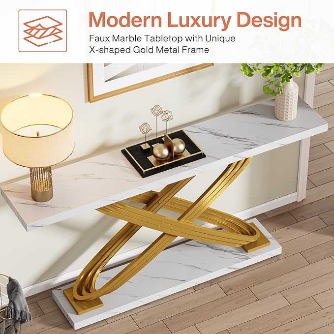 LITTLE TREE Console Table, 55" Long Modern Entryway Table for Living Room, Hallway, Faux Marble White & Gold