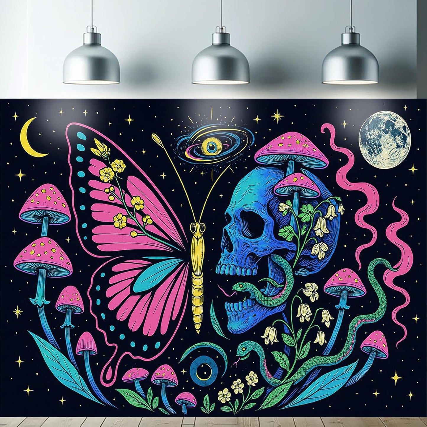 Starlit Patio Butterfly Skull Blacklight Tapestry UV Reactive Wall Hanging Mushrooms Snake and Cosmic Moon for Bedroom Dorm Living Room Glowing Psychedelic Decor Fluorescent Trippy Poster 78 x 59 Inch