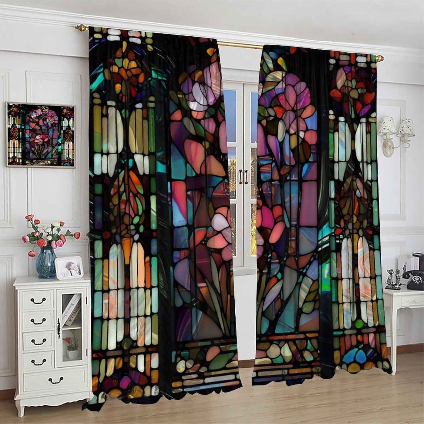 Stained Glass Curtains,Vintage Colorful Abstract Art Home Decor Drapes for Bedroom Living Room Kitchen Window Treatment 2 Panels Set Total Size 63" W X 63" L Inch