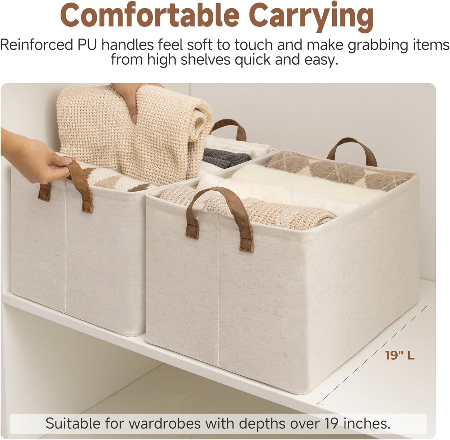 StorageWorks Storage Bins, Shelves Baskets for Organizing, 45L Extra Large Fabric Closet Organizers with Handles, Metal Frame, Beige（Cotton-linen）, 2-Pack