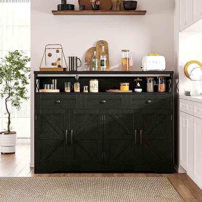 52" L Modern Farmhouse Sideboard Buffet Cabinet, Black Storage Cabinet with Drawers & Shelves, Kitchen Pantry Hutch, Coffee Bar Station Table for Living Room, Dining Room, Entryway