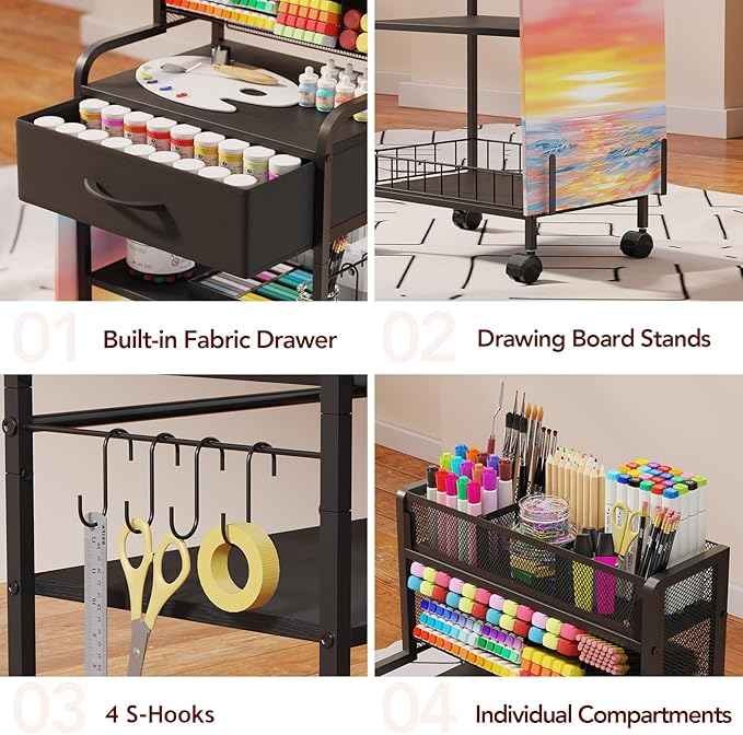 Art cart, 3 Tier Rolling Cart - Utility Cart with Storage Drawer and Wheels, Versatile Art & Craft Organizer for Home, Office, or Studio Ideal for Storing Brushes, Paints (Black)
