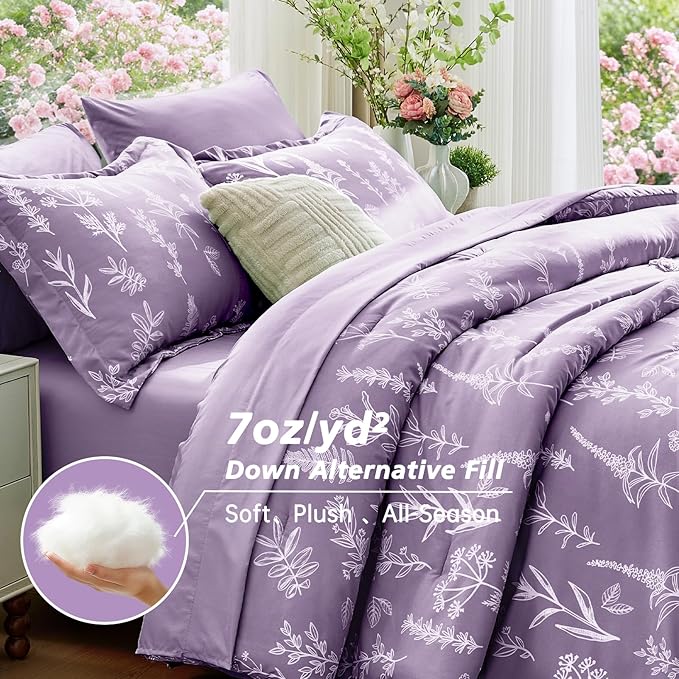 MUXHOMO Grayish Purple Full Comforter Set, Elegant Floral Print Bed in a Bag 7 Pieces, Ultra Soft & Breathable Reversible Botanical Pattern Bedding Set with Comforter, Sheets, Pillowcases, and Shams