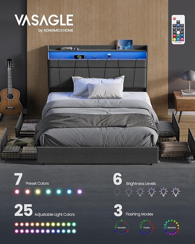 VASAGLE Queen Bed Frame with 51.4 Inch Tall Storage Headboard, Bed Frame Queen Size with 4 Storage Drawers on Wheels, LED Lights, Charging Station, No Box Spring Needed, Modern, Dark Gray URMB891G02
