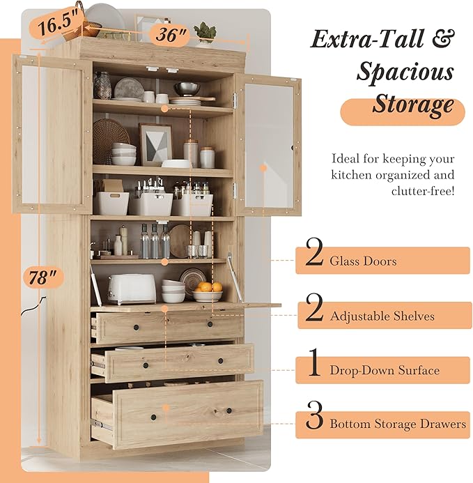 Merax 78 Inch Extra-Tall Freestanding Kitchen Pantry Storage Cabinet, Multifunctional Cupboard with 3 Drawers, Adjustable Shelves & Power Outlet Drop-Down Surface for Dining and Living Room, Natural