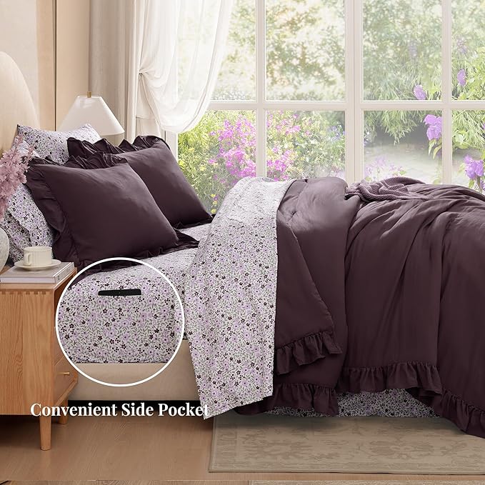Oversized King Comforter Set - 7 Pieces Ruffle Dark Purple Bedding Sets, Shabby Chic Farmhouse Bed in a Bag with Ruffle Comforter, Floral Sheets, Pillowcases & Shams