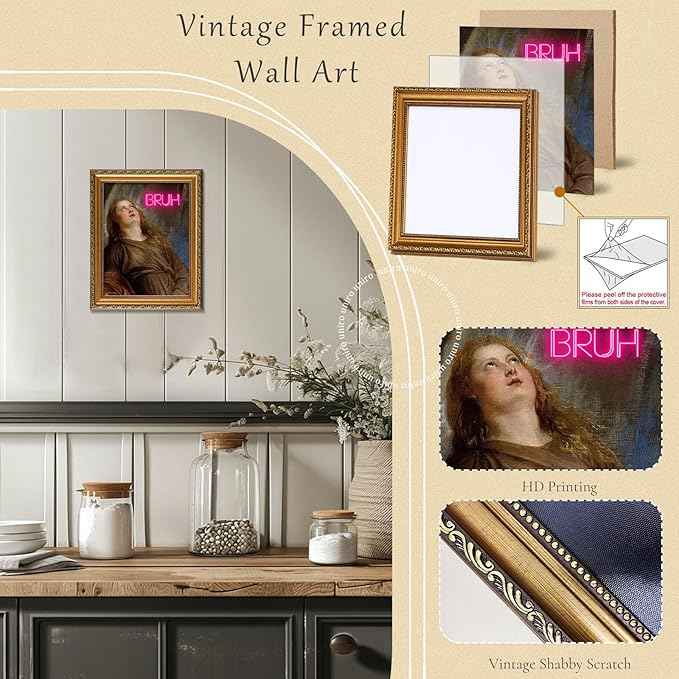 uniro Vintage Gold Framed Wall Art for Home Decor, Retro Funny Bathroom Wall Decor Canvas Artwork, Trendy Funky Wall Art Maximalist Decor, Eclectic Home Bathroom Alternative Fun Art Print Aesthetic Poster for Bathroom, Living Room, Desktop decor - 12x1...