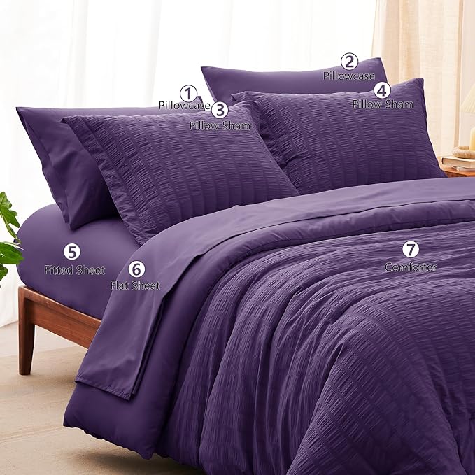 CozyLux Queen Comforter Set Purple Seersucker 7 Pieces Bed in a Bag Queen Comforter Set with Sheets, Luxury Soft Bedding Set with Down Alternative Comforter, Sheets, Pillowcases & Shams for All Season