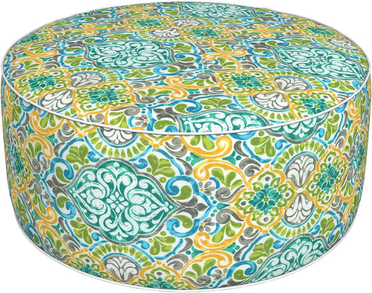 Inflatable Ottoman Stool D31 xH14 for Outdoor/Indoor Use, Water Repellent Patio Foot Rest Stool with Portable Handle,Round Pouf Ottoman Suitable for Garden,Deck and Camping - Damask Green