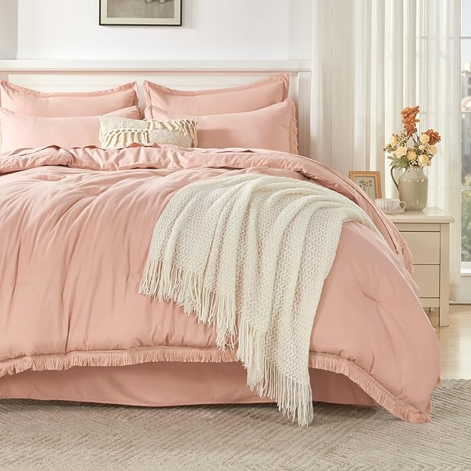 Andency California King Size Comforter Set with Sheets Pink - 7 Pieces Cal King Bed in a Bag Boho Bedding Sets, Pink Bed Set with Comforter, Sheets, Pillowcases & Shams