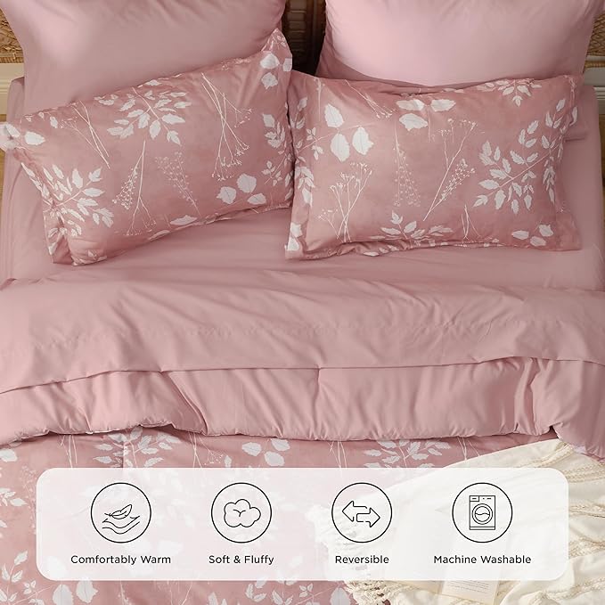Bedsure Rose Pink Full Comforter Set - 7 Pieces Floral Bedding Sets Full Bed in a Bag with Reversible Botanical Flowers Comforter, Sheets, Pillowcases & Shams