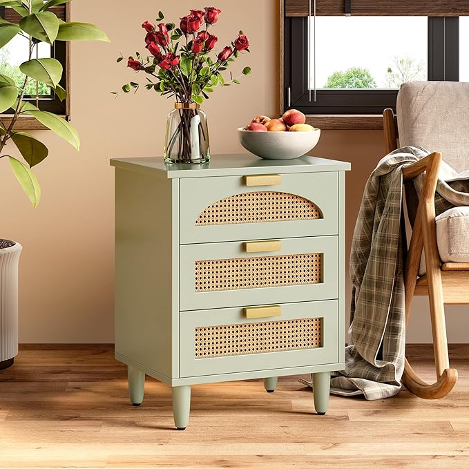 LITTLE TREE Rattan Nightstand, Mint Green End Table with 3 Drawers for Couch, Wooden Bedside Table for Bedroom, Easy Assembly