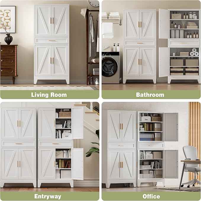 COFaR 71" Tall Kitchen Pantry, Farmhouse Storage Cabinet with Doors and Shelves, Metal Cabinet with Drawers and Legs, for Cupboard/Dining Room/Bathroom/Living Room/Office/Laundry Room (White).