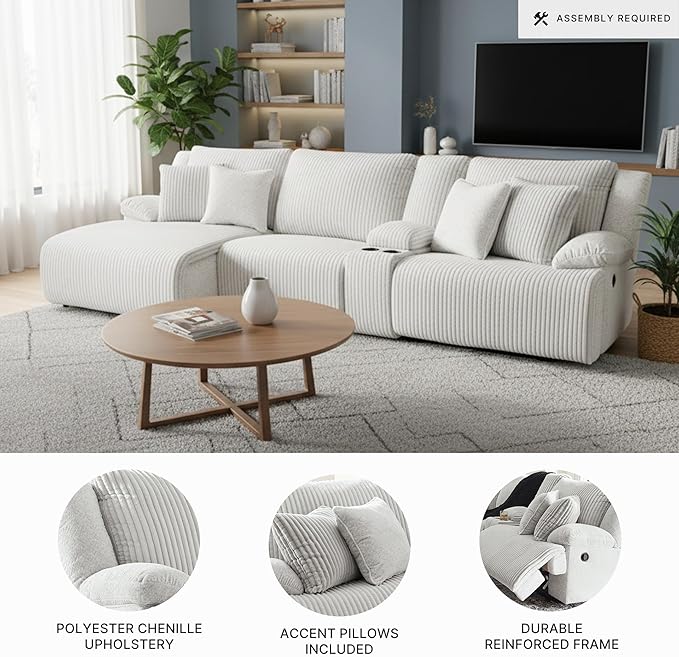 Signature Design by Ashley Top Tier Casual Manual Left-Arm Facing 4-Piece Reclining Sectional with Chaise, Console, Storage, 2 Cup Holders and 4 Accent Pillows, Light Gray