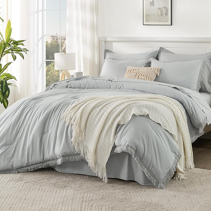 Andency California King Size Comforter Set with Sheets Light Grey - 7 Pieces Cal King Bed in a Bag Boho Bedding Sets, Light Grey Bed Set with Comforter, Sheets, Pillowcases & Shams
