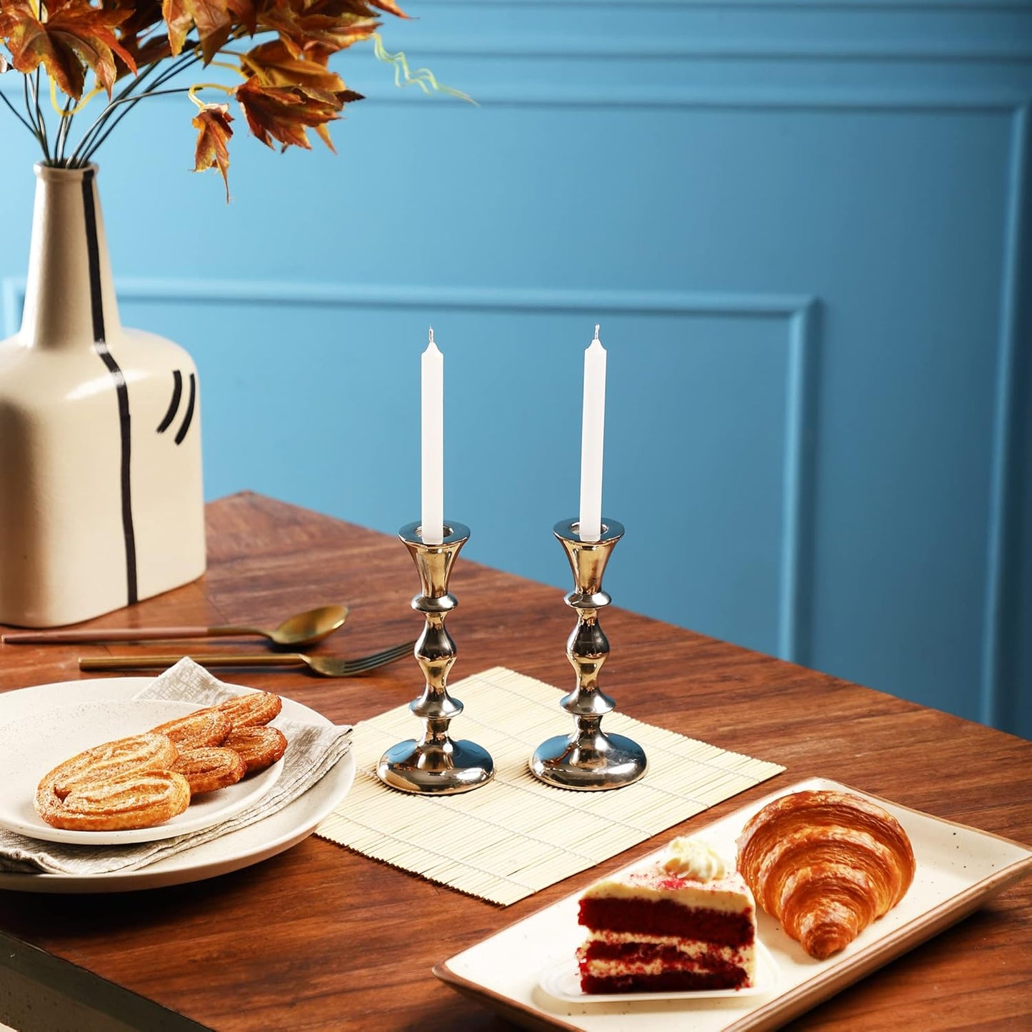 Rely+ Silver Candle Holders Set of 2 Decorative Centerpiece Table Candlesticks Holders for Taper Candles Home Decor Easter Candle Holders for Dinner Party Wedding Decorations