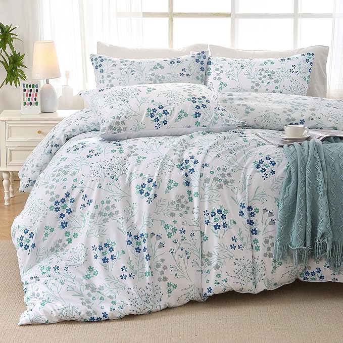 MUXHOMO Blue Flower Full Comforter Set, Elegant Floral Print Bed in a Bag 7 Pieces, Ultra Soft & Breathable Reversible Botanical Pattern Bedding Set with Comforter, Sheets, Pillowcases, and Shams