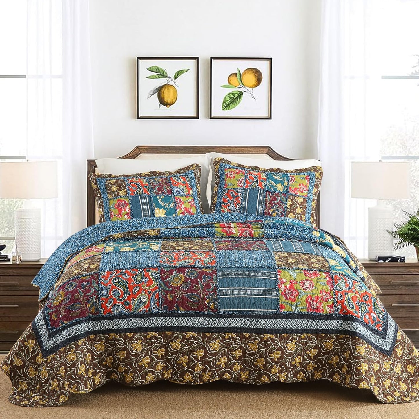 Yvooxny Queen Quilt Set Reversible Paisley Queen Size Quilted Bedspread Coverlet Set Country Farmhouse Cottage Quilted Bedding Set with Pillowcases for All Seasons, Queen Size, 98 * 90 Inches