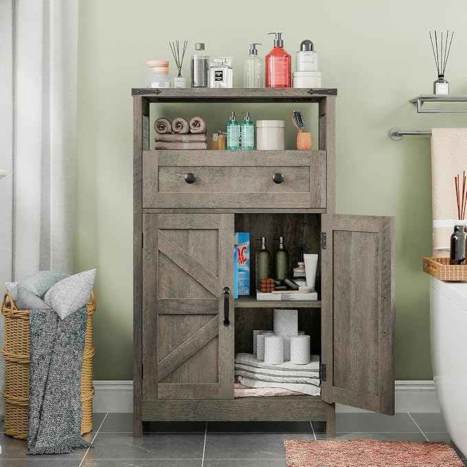Vabches Farmhouse Storage Cabinet with 2 Doors and 1 Dawer - Side Storage Organizer, Small Bathroom Cabinet for Bathroom, Kitchen, Living Room, Rustic Style, Grey