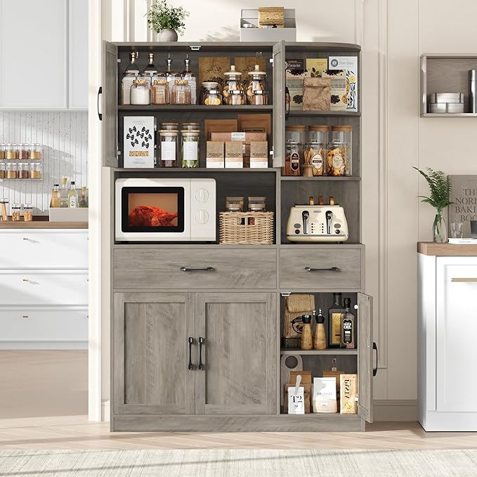 67" Kitchen Pantry Cabinet, Modern Kitchen Hutch with 5 Doors and 2 Drawers, 3-Tier External Shelf, Large Pantry Storage Cabinet with Microwave Stand for Dining Room, Ash Gray