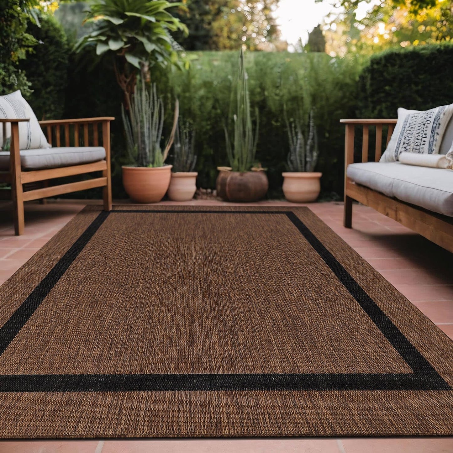 Bordered Outdoor Rug 5x7 Washable Outside Carpet for Indoor Patio Porch Waterproof Easy Cleaning Non Shedding Area Rugs Nut Brown - Black 5 x 7
