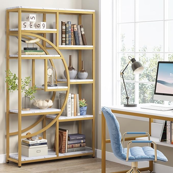Tribesigns Bookshelf Industrial 5 Tier Etagere Bookcase, Freestanding Tall Bookshelves Display Shelf Storage Organizer with 9-Open Storage Shelf for Living Room, Bedroom, 2 Pack (Gold, 2 Pack)