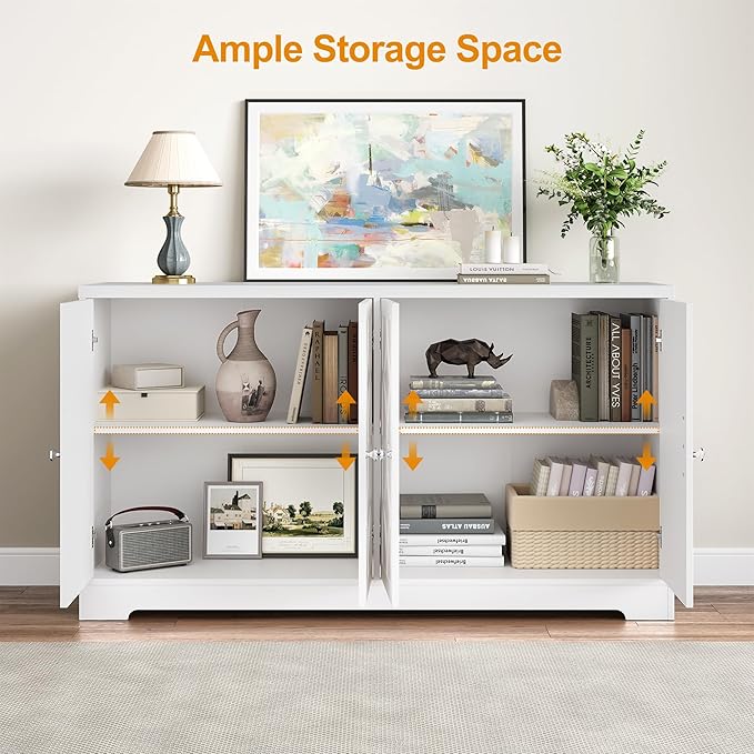 RoyalCraft Sideboard Buffet Cabinet with Storage, 56" Modern Sideboard with 4 Carved Doors and Adjustable Shelves, Large Wood Coffee Bar Console Table for Kitchen, Dining Room, Satin White