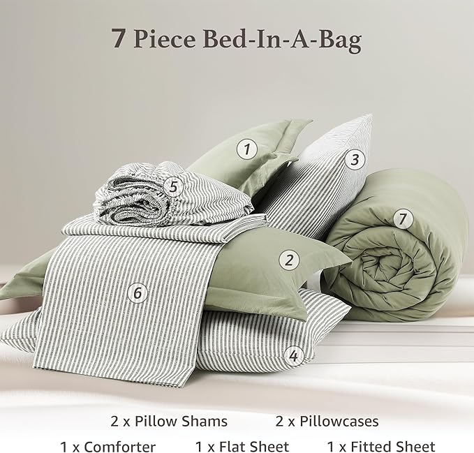 Monbix King Size Comforter Set - 7 Pieces Green Prewashed Bed in a Bag King Bedding Sets with Comforters, All Seasons Ultra Soft Comforter Bed Set with Sheets,Pillowcases & Shams