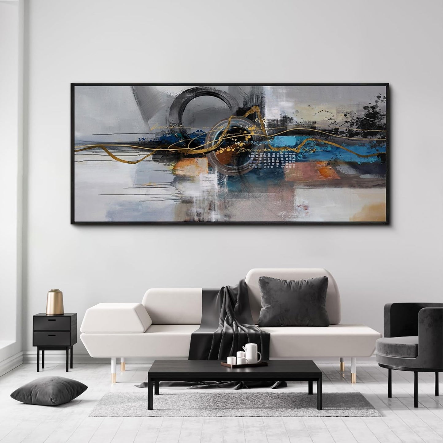 XLSJERST Large Abstract Frame Wall Art - Black and Blue Cnavas Framed Artwork for Walls Modern Minimalist Boho Gray Pictures Wall Decor for Living Room Bedroom Office Home Decoration 86x39 Inches
