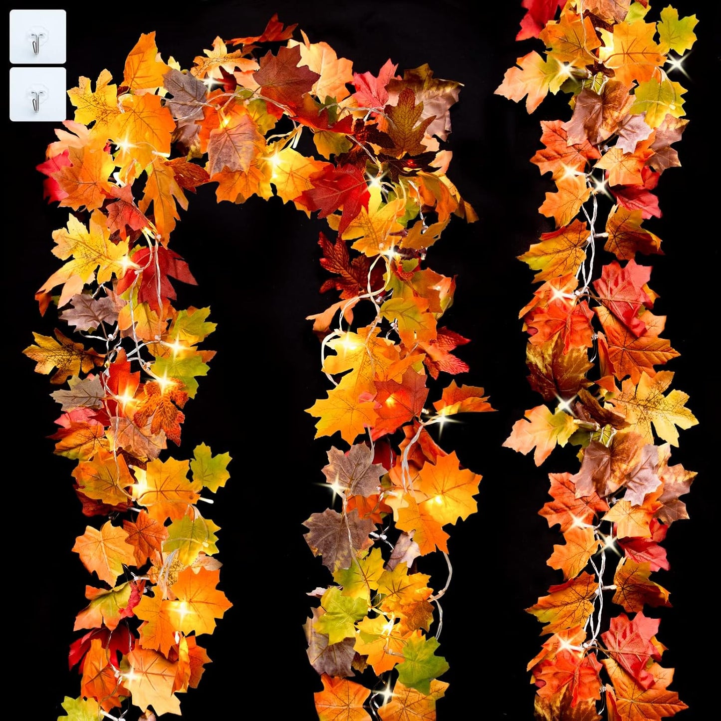 Ouddy Decor 2 Pack Fall Garland with Lights Decorations Maple Leaves Fall Lights Total 20 Ft 60 Led Mixed Color Battery Operated for Indoor Outdoor Autumn Harvest Thanksgiving Halloween Fall Decor