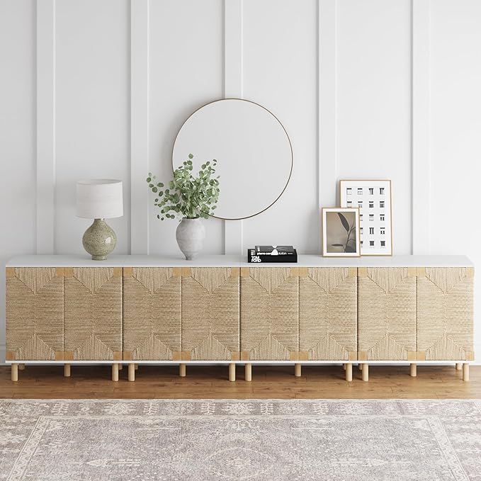 Nathan James Beacon Accent Natural Sideboard Storage Cabinet TV Stand with Adjustable Interior Shelf and Seagrass Doors, for Hallway, Entryway or Dining Room, Light Brown/White, Set of 4