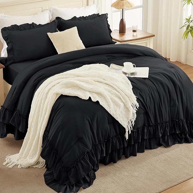 Andency Super King Plus Ruffle Comforter Set 128x120, 3 Pieces Farmhouse Shabby Chic Bedding Set for Adults, Soft Lightweight Oversized California King Comforter Set (1 Comforter 2 Pillowcases), Black
