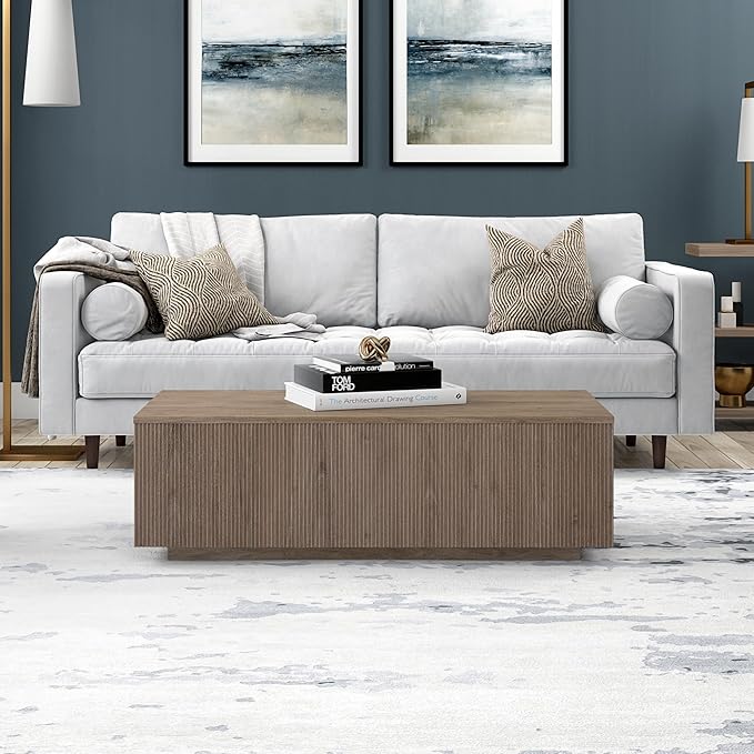 Henn&Hart 48" Fluted Rectangular Low-Profile Coffee Table with Ribbed Sides for Living Room, Family Room, or Office, Antiqued Gray Oak