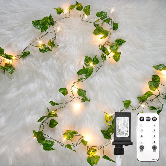 suddus Vine with Fairy Light Plug in, 33ft 100 LED Pothos String Lights Connectable with Remote, Leaf Lights for Bedroom, Room, Wall, Garden, Party, Wedding Decor (Warm White)