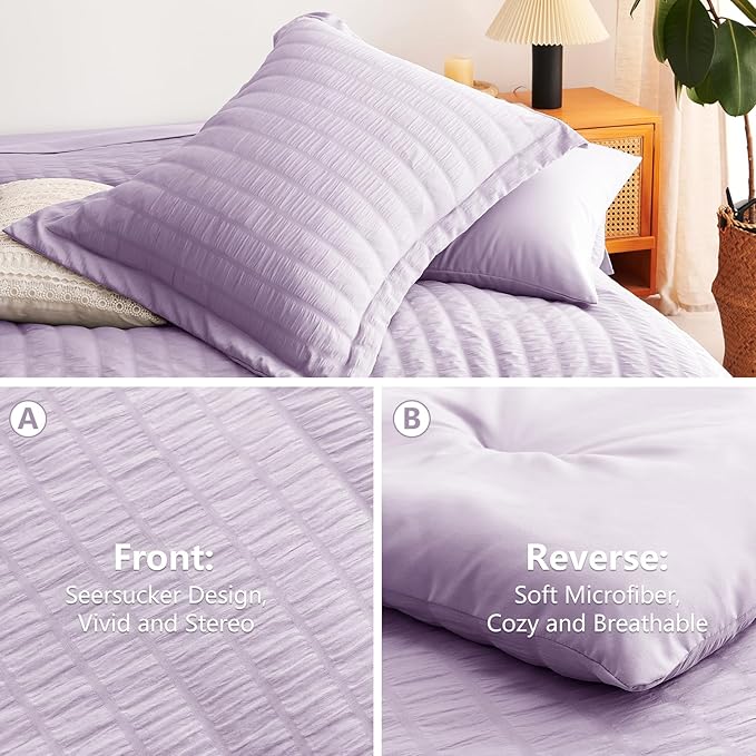 CozyLux Queen Seersucker Comforter Set with Sheets Light Purple Bed in a Bag 7-Pieces All Season Lavender Bedding Sets with Comforter, Pillow Sham, Flat Sheet, Fitted Sheet, Pillowcase