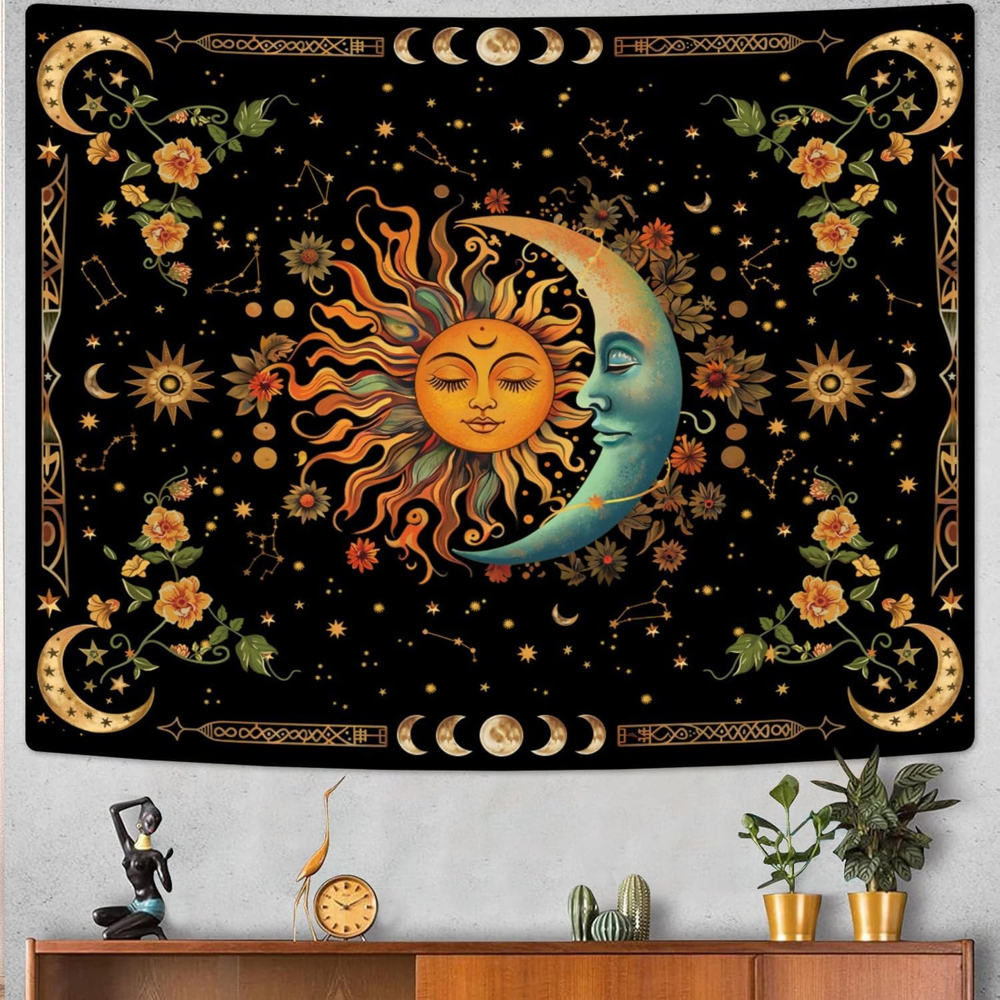 ARTCREATOR Sun and Moon Tapestry Astrology Space Wall Hanging Boho Hippie Floral Plant Tapestries Aesthetic Vintage Mandala Flower Decor for Living Room Bedroom (51" x 59")