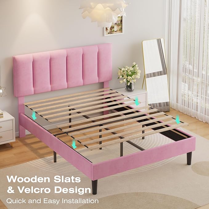 VECELO Queen Bed Frame with Upholstered Headboard, Heavy-Duty Platform Bedframe with Strong Wooden Slats Support, No Boxing Spring Needed, Pink
