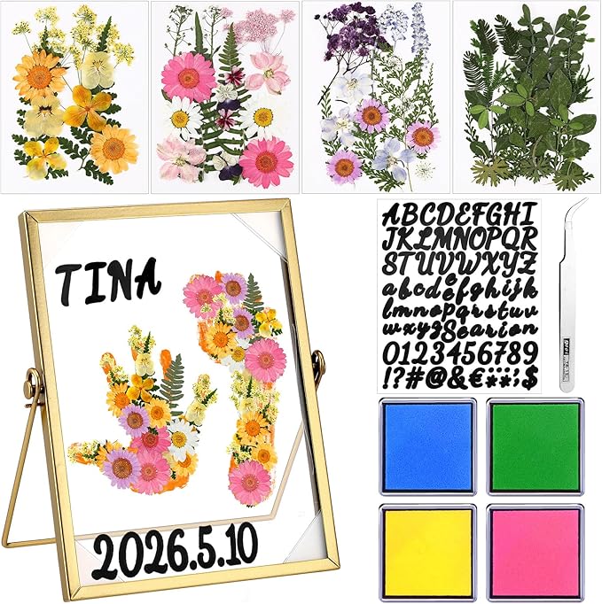 Knitgrip 10 Pcs Mother's Day Crafts DIY Kit Family Pressed Flower Handprint Frames Kits Bulk Dried Flower Frame Ink Pads Nana Mom Grandma Birthday Gifts from Son for Father's Day Gifts