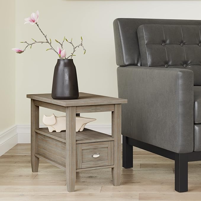 SIMPLIHOME Warm Shaker End Table - 14 inch Wide Solid Wood Narrow Side Table in Distressed Grey, Transitional Accent Table for Living Room or Bedroom with Drawer, Open Shelf and Square Tapered Legs