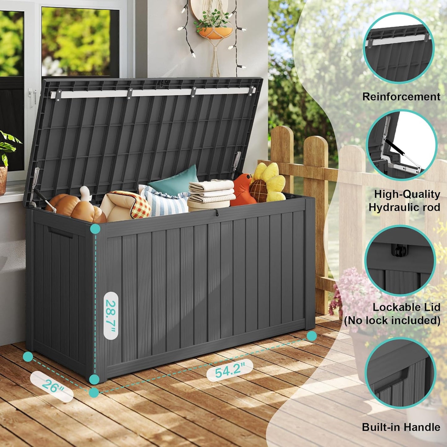 150Gal Outdoor Deck Box Waterproof, Lager Patio Storage Box Indoor and Outdoor Use, Lockable Resin Storage Bin for Patio Furniture Cushions Garden Tools, Package Delivery,UV Resistant-Black