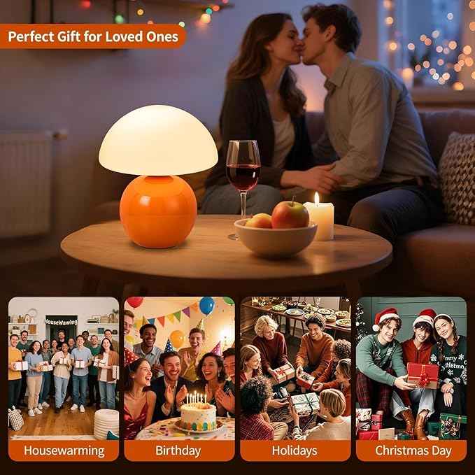 Mushroom Table Lamp, Orange Vintage LED Desk Light for Bedroom, Dimmable Ambient Lighting with Glass Shade for Bedroom, Reading, Home Décor, Gift for Friends