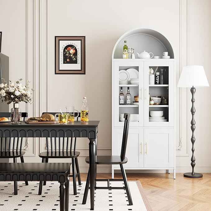 Metal White Arched Pantry Cabinet with 4 Doors,Arched Bookcase Cabinet with 2 Adjustable Shelves for Kitchen Home Office,Required Assembly