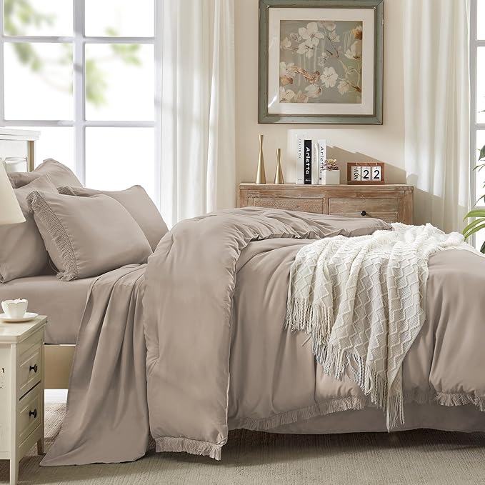 Andency Queen Comforter Set with Sheets Khaki - 7 Pieces Boho Tassel Bed in a Bag Soft Lightweight Bedding Sets, Fringe Bed Set with Comforter, Sheets, Pillowcases & Shams