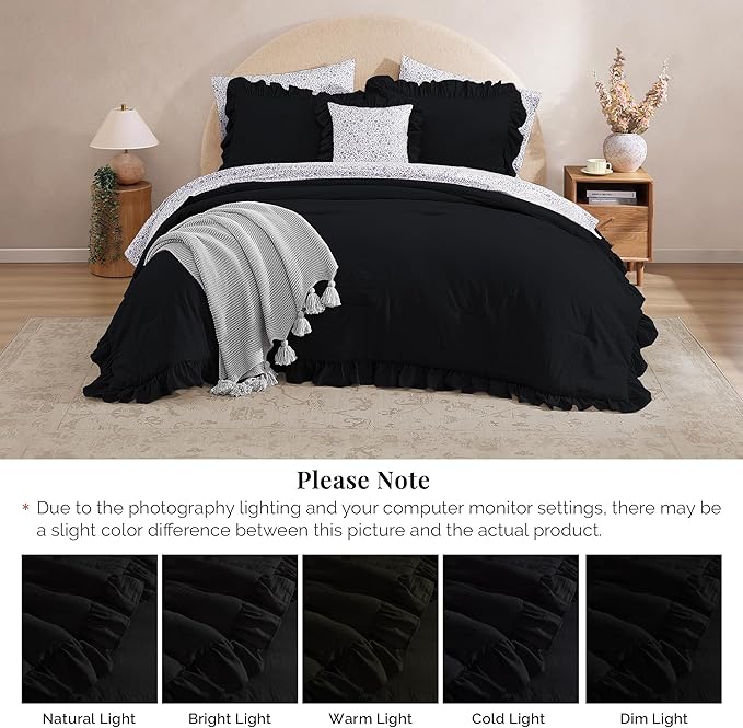 Queen Comforter Set - 7 Pieces Ruffle Black Bedding Sets, Shabby Chic Farmhouse Bed in a Bag Queen with Ruffle Comforter, Floral Sheets, Pillowcases & Shams