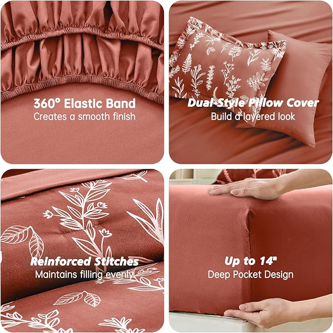 MUXHOMO Terracotta Full Comforter Set, Elegant Floral Print Bed in a Bag 7 Pieces, Ultra Soft & Breathable Reversible Botanical Pattern Bedding Set with Comforter, Sheets, Pillowcases, and Shams