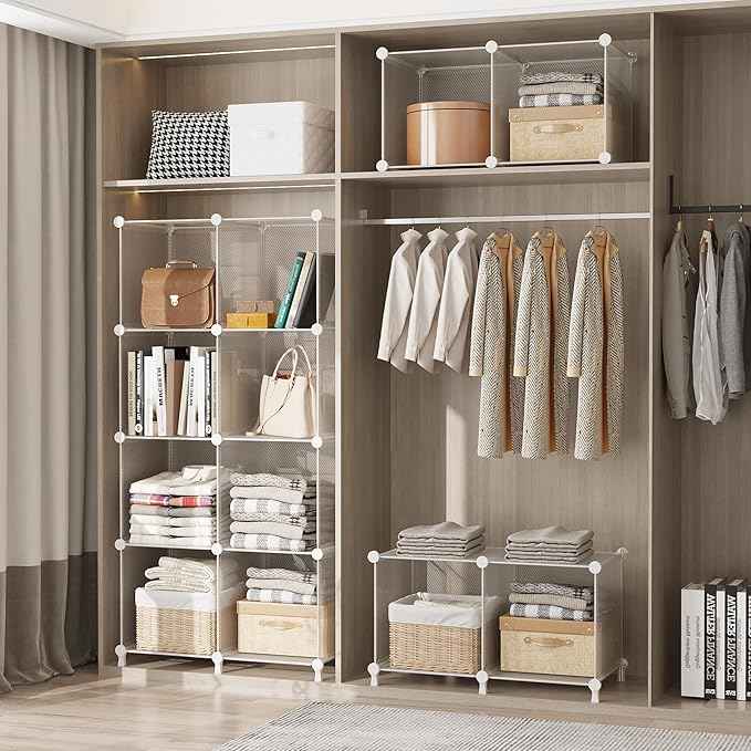 AWTATOS Cube Storage Organizer, Closet Organizers and Storage, 12 Cube Shelves Bookshelf, DIY Stackable Plastic Clothes Organizer Shelving for Bedroom, Home, Transparent Twill
