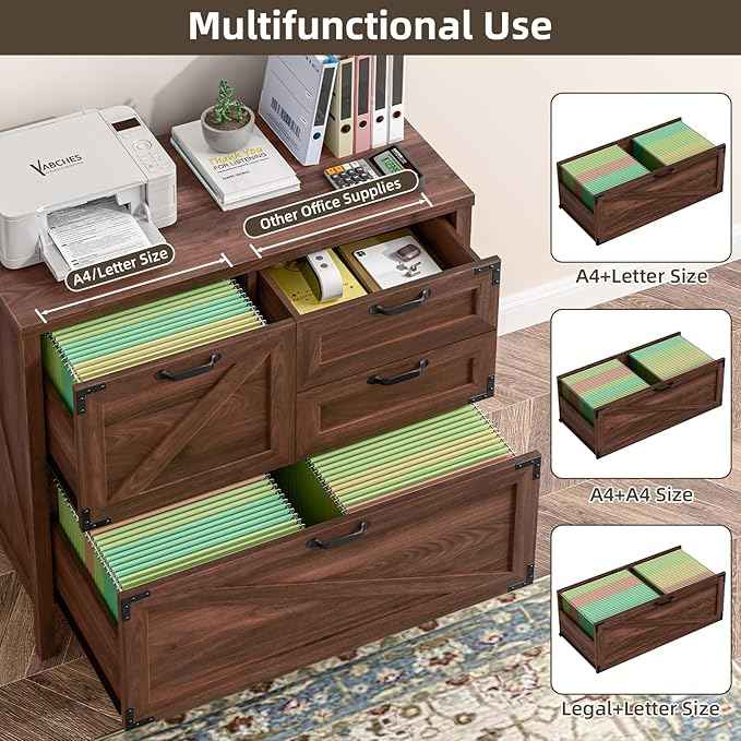Vabches 4-Drawer Wood Lateral File Cabinet for Hanging Files Letter/A4/Legal Size, Large Farmhouse File Cabinets for Home Office, Printer Stand with Office Cabinet, Rustic Brown